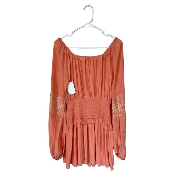 NWT Ramy Brook Peach Orange Long Embroidered Sleeve Ruched Elastic Waist Dress S - Picture 2 of 9